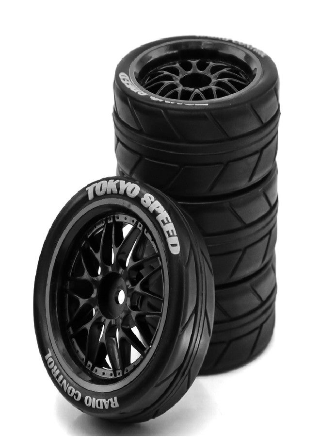 Chanmoo 1/10 RC On Road Tires And Plastic Rally Wheels 12mm Hex Drift Tyres For 1:10 Scale Racing Touring Street Car Tamiya TT01 TT02 XV01 TA06 A959 144001 HPI KYOSHO HSP PTG2 Traxxas 4PCS (Black) - Image 1